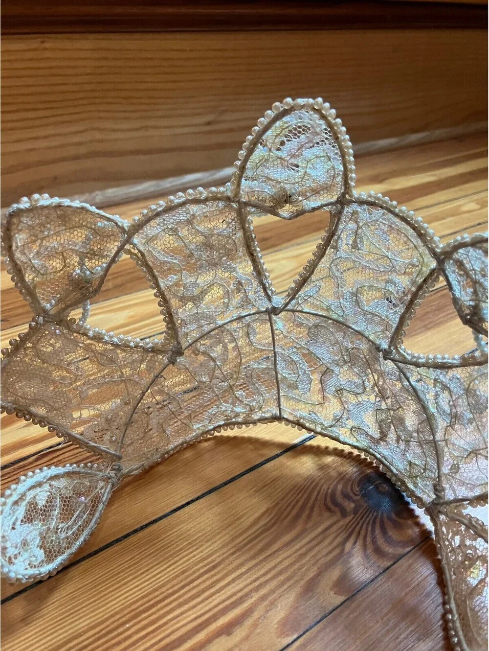 Vintage 1940/50s Pearl Lace Bridal Crown Headpiece Wired Juliet Cap Tiara Ivory